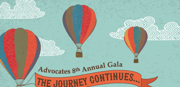 Three hot air balloons against a blue sky and clouds with the words Advocates 8th Annual Gala The Journey Continues
