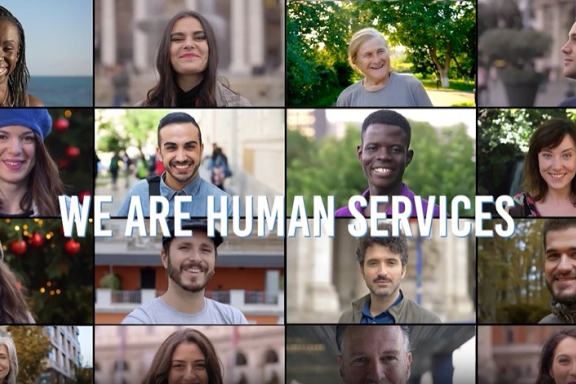 A grid of sixteen photos of smiling adults with the title overlaid: We Are Human Services