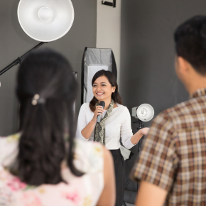 Adult public speaking in a studio