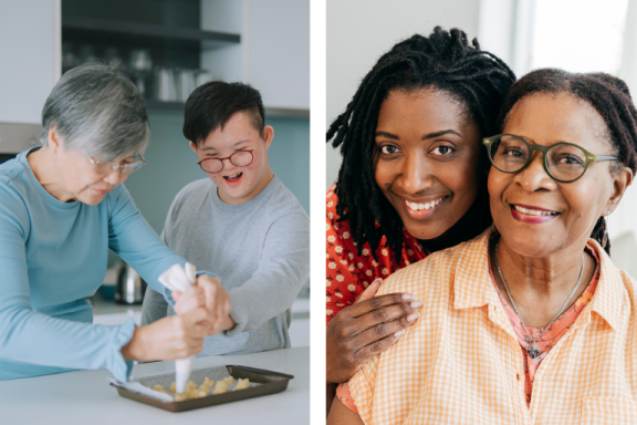 Two photos of caregivers and loved ones smiling