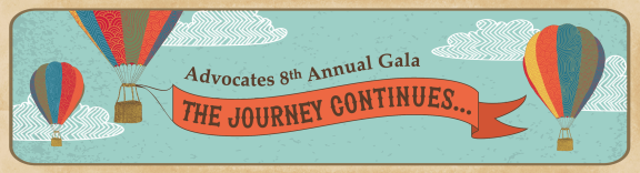 Sketch-style graphic of three hot air balloons floating in the sky. A banner is attached to one balloon and says Advocates 8th Annual Gala: The Journey Continues. 